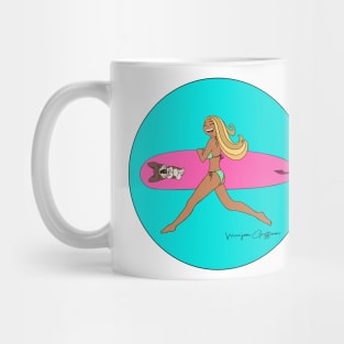 Surfgirl and frenchie catching waves Mug